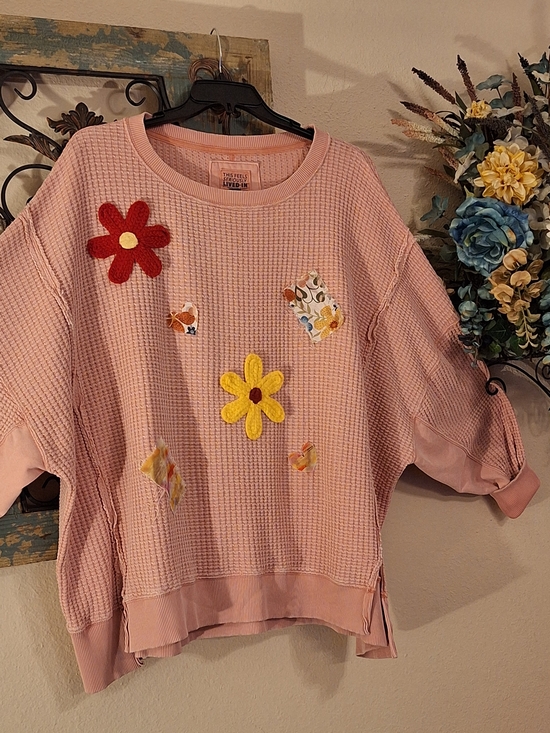 American Eagle Outfitters Tops - Reworked Patchwork Pink Waffle-Knit Sweatshirt with Floral Appliqués. Size XL